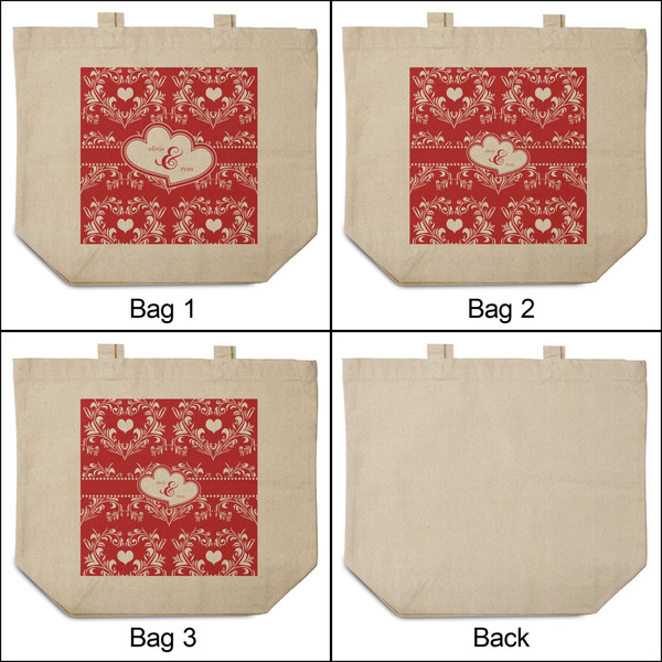 Heart Damask 3 Reusable Cotton Grocery Bags - Front & Back View