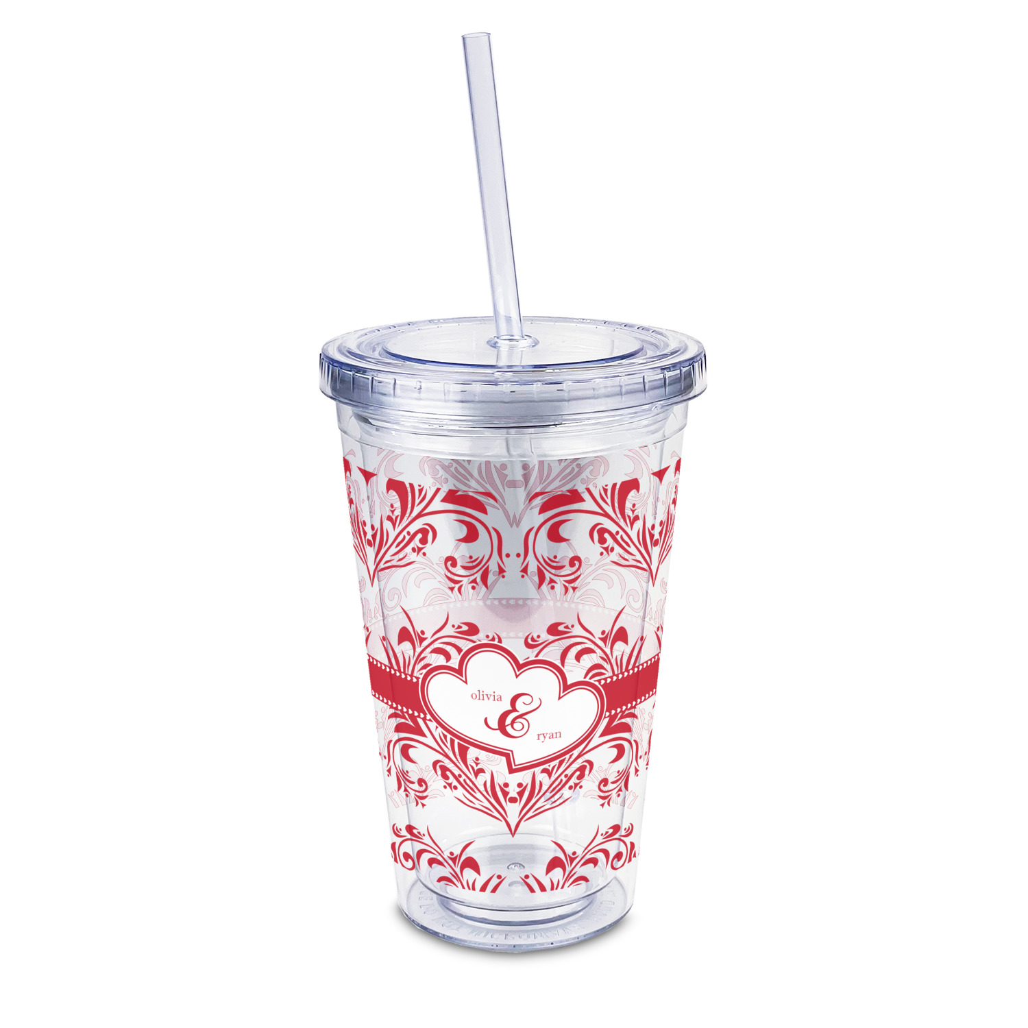 Custom Heart Damask 16oz Double Wall Acrylic Tumbler with Lid & Straw -  Full Print (Personalized)