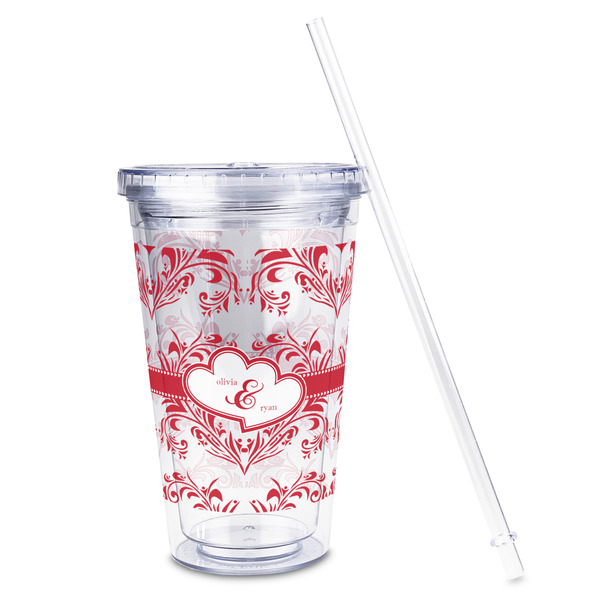 Heart Damask Acrylic Tumbler - Full Print - Front straw out