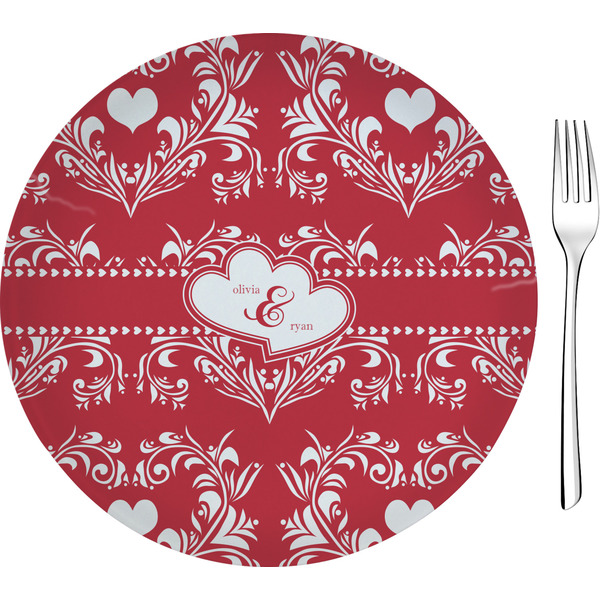Custom Heart Damask 8" Glass Appetizer / Dessert Plates - Single or Set (Personalized)