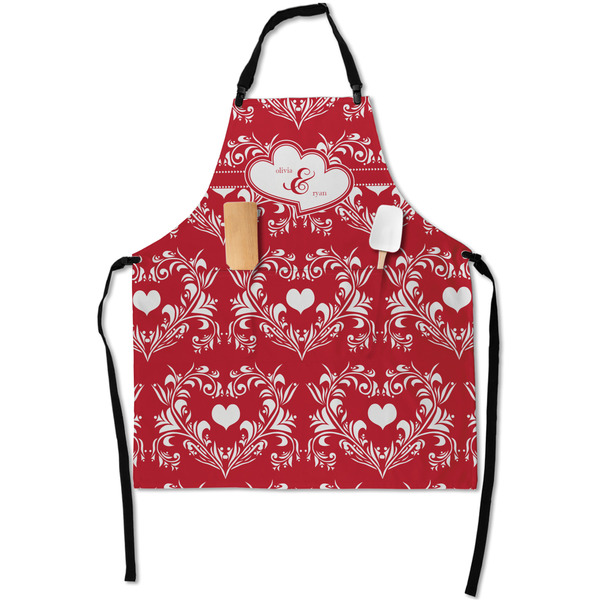 Custom Heart Damask Apron With Pockets w/ Couple's Names