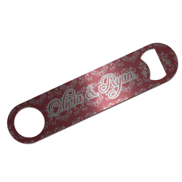 Custom Heart Damask Bar Bottle Opener - Silver w/ Couple's Names