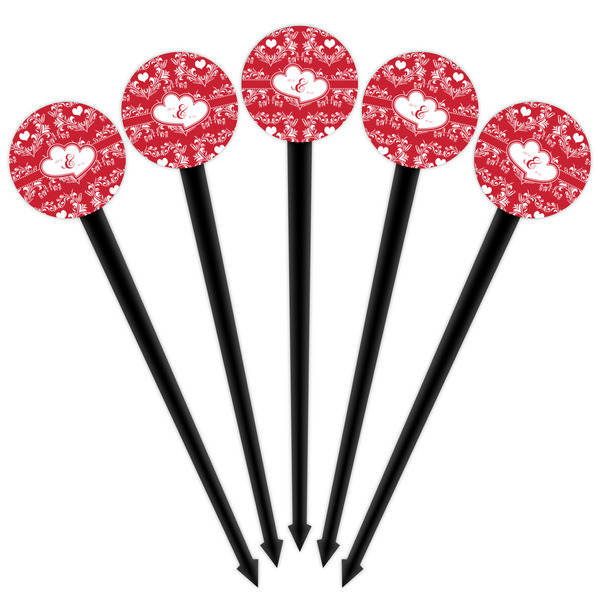 Heart Damask Black Plastic 4" Food Pick - Round - Fan View