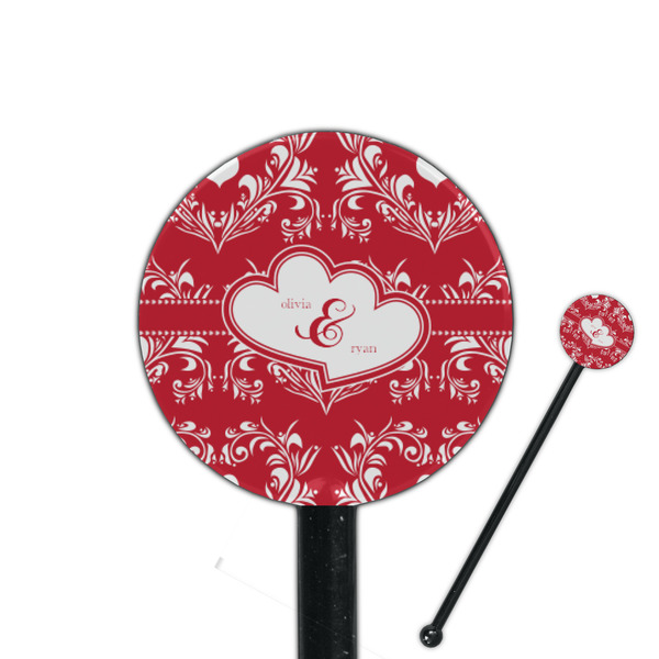 Custom Heart Damask 5.5" Round Plastic Stir Sticks - Black - Single Sided (Personalized)