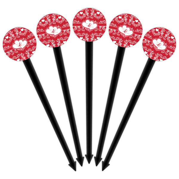 Heart Damask Black Plastic 6" Food Pick - Round - Fan View