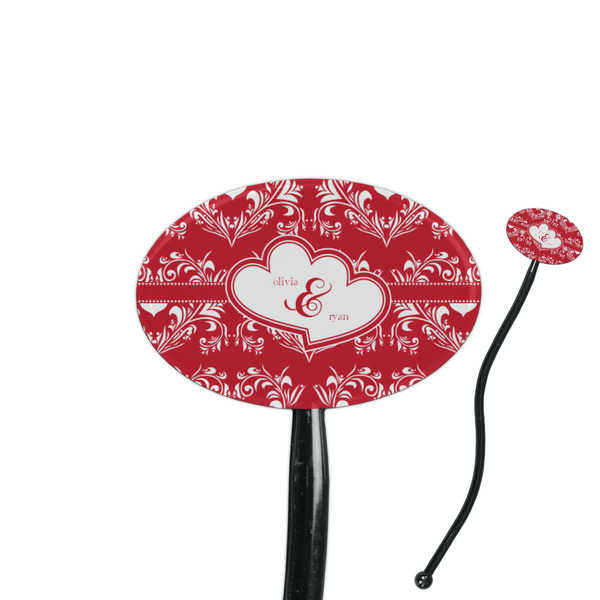 Custom Heart Damask 7" Oval Plastic Stir Sticks - Black - Single Sided (Personalized)