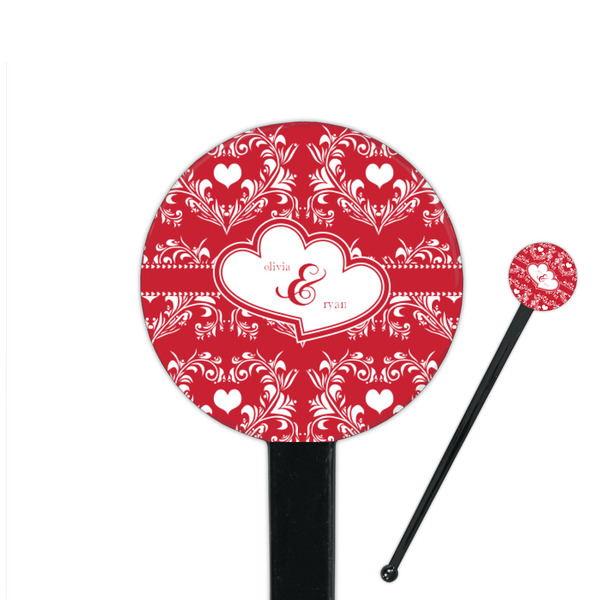 Custom Heart Damask 7" Round Plastic Stir Sticks - Black - Double Sided (Personalized)