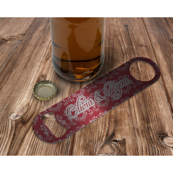 Heart Damask Bottle Opener - In Use