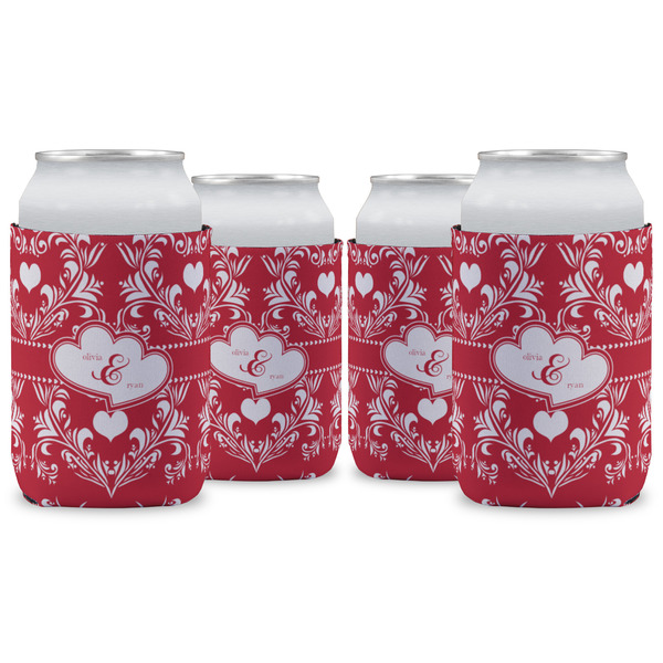 Custom Heart Damask Can Cooler (12 oz) - Set of 4 w/ Couple's Names