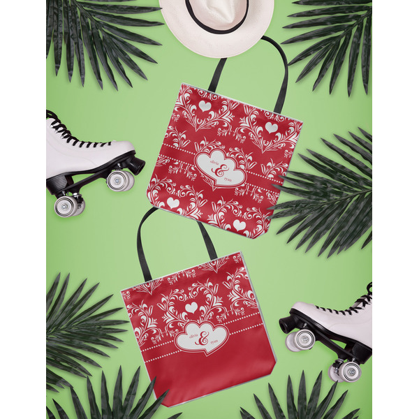 Heart Damask Canvas Tote Lifestyle Front and Back- 13x13