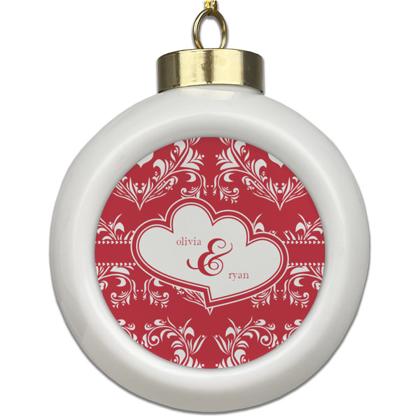 Custom Heart Damask Ceramic Ball Ornament (Personalized)