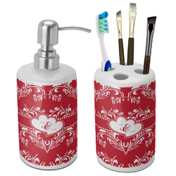 Heart Damask Ceramic Bathroom Accessories Set (Personalized)