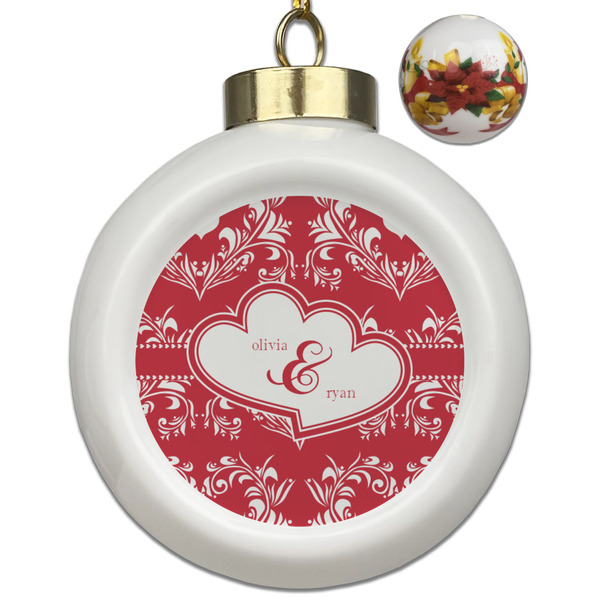 Custom Heart Damask Ceramic Ball Ornaments - Poinsettia Garland (Personalized)