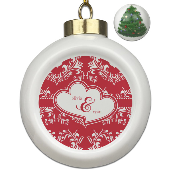 Custom Heart Damask Ceramic Ball Ornament - Christmas Tree (Personalized)