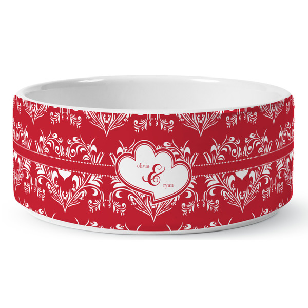 Heart Damask Ceramic Dog Bowl - Medium - Front