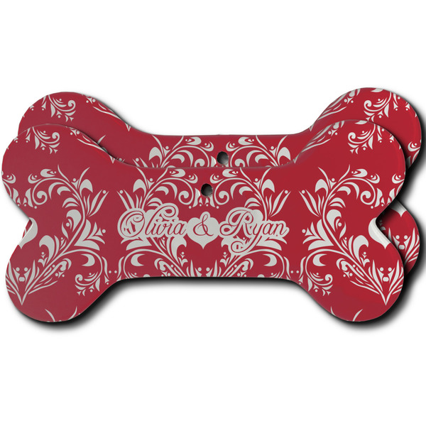 Custom Heart Damask Ceramic Dog Ornament - Front & Back w/ Couple's Names