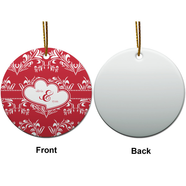 Heart Damask Ceramic Flat Ornament - Circle Front & Back (APPROVAL)