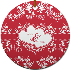 Heart Damask Round Ceramic Ornament w/ Couple's Names