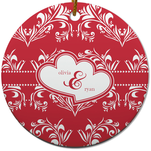 Custom Heart Damask Round Ceramic Ornament w/ Couple's Names