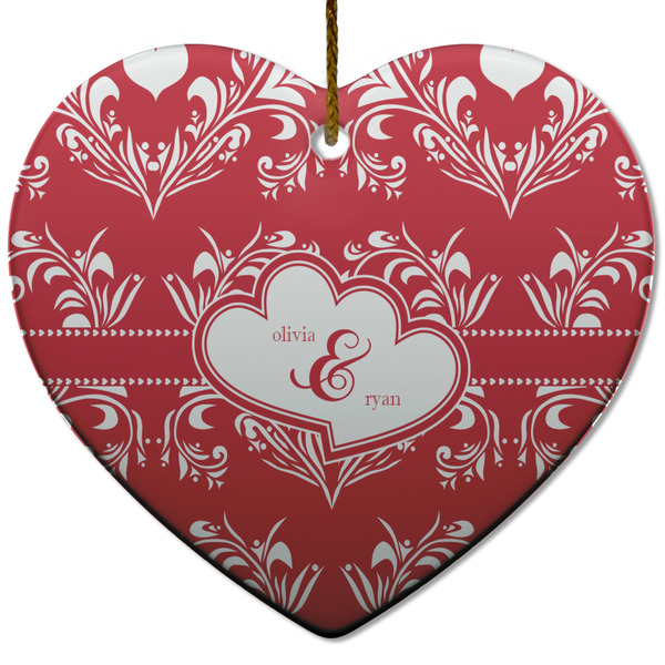 Custom Heart Damask Heart Ceramic Ornament w/ Couple's Names