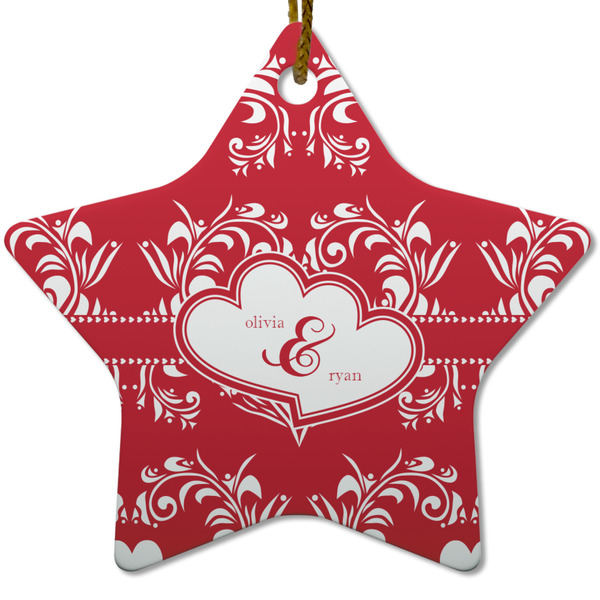 Custom Heart Damask Star Ceramic Ornament w/ Couple's Names
