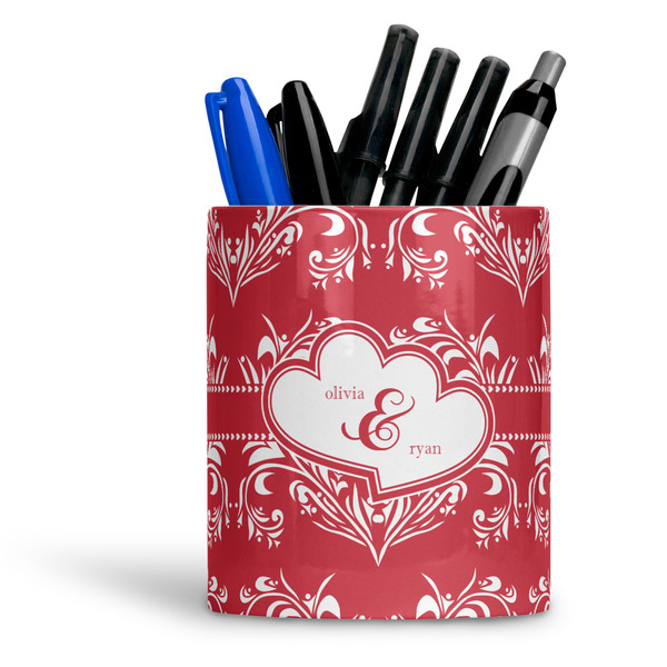 Custom Heart Damask Ceramic Pen Holder