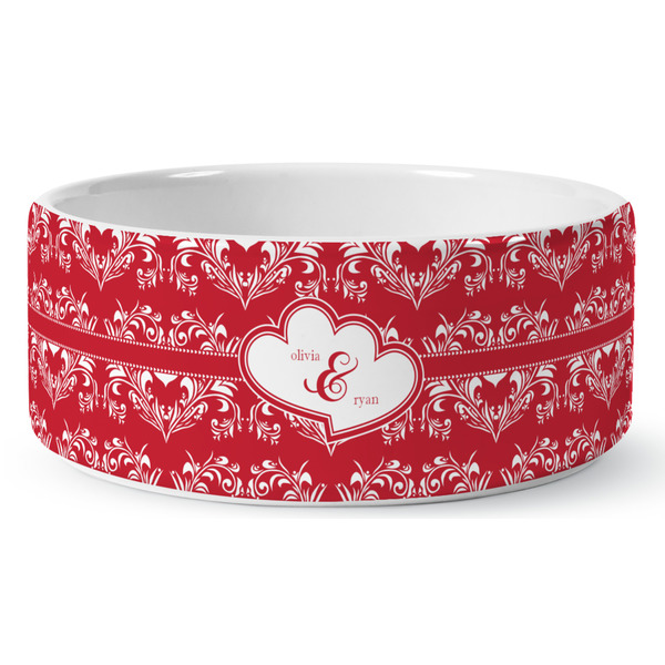 Custom Heart Damask Ceramic Dog Bowl (Personalized)