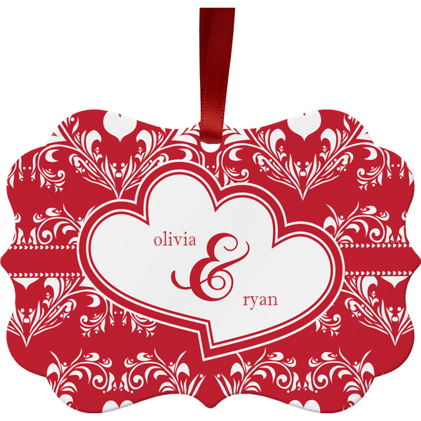 Custom Heart Damask Metal Frame Ornament - Double Sided w/ Couple's Names