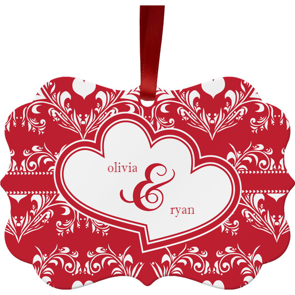 Heart Damask Christmas Ornament (Front View)