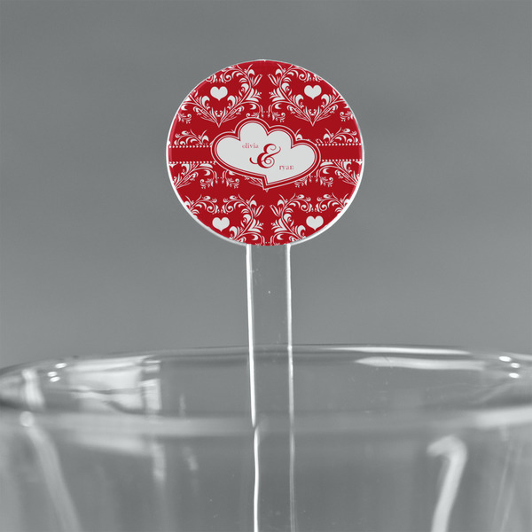 Custom Heart Damask 7" Round Plastic Stir Sticks - Clear (Personalized)