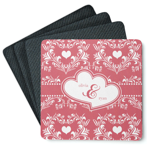 Custom Heart Damask Square Rubber Backed Coasters - Set of 4 (Personalized)