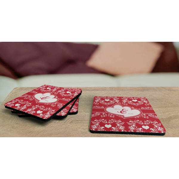Heart Damask Coaster Rubber Back - On Coffee Table