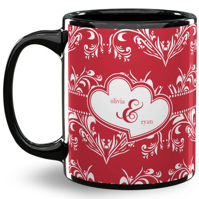 Heart Damask 11 Oz Coffee Mug - Black (Personalized)