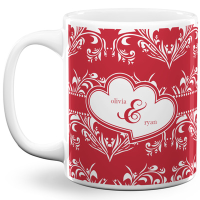 Heart Damask 11 Oz Coffee Mug - White (Personalized)