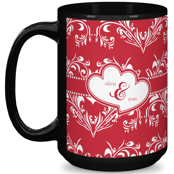 Custom Heart Damask 15 Oz Coffee Mug - Black (Personalized)
