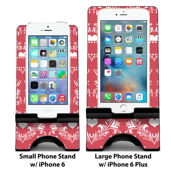 Heart Damask Compare Phone Stand Sizes - with iPhones