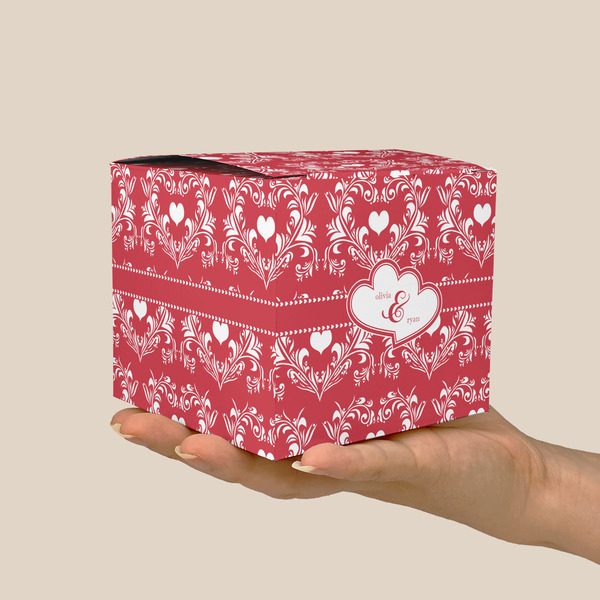 Heart Damask Cube Favor Gift Box - On Hand - Scale View
