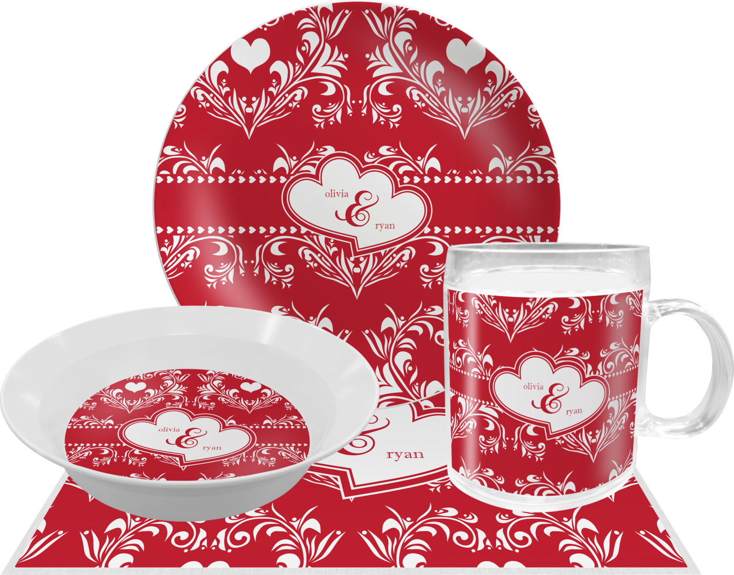 Heart Damask Dinner Set 4 Pc (Personalized) YouCustomizeIt