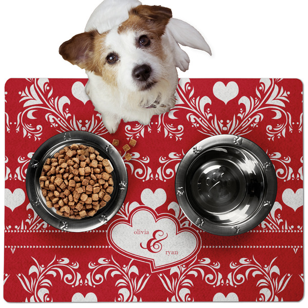 Custom Heart Damask Dog Food Mat - Medium w/ Couple's Names
