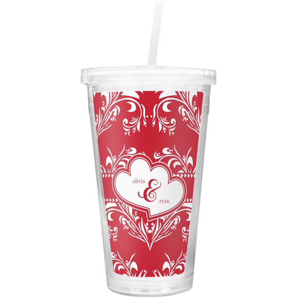 Custom Heart Damask Double Wall Tumbler with Straw (Personalized)