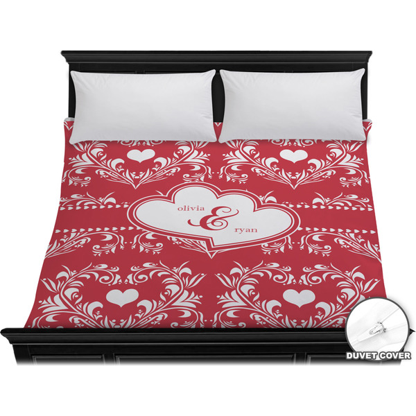 Custom Heart Damask Duvet Cover - King (Personalized)