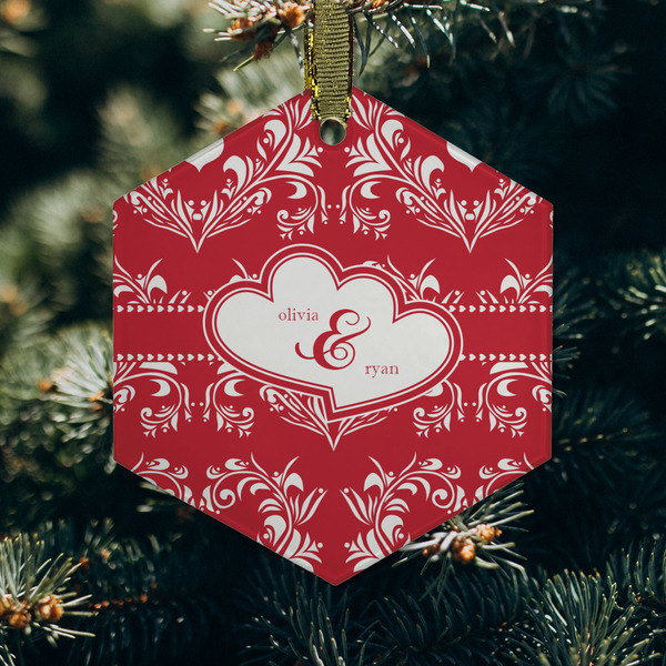 Heart Damask Frosted Glass Ornament - Hexagon (Lifestyle)