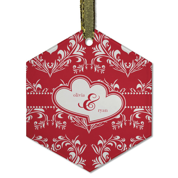 Custom Heart Damask Flat Glass Ornament - Hexagon w/ Couple's Names