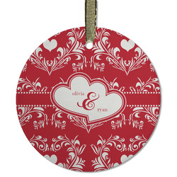 Heart Damask Flat Glass Ornament - Round w/ Couple's Names