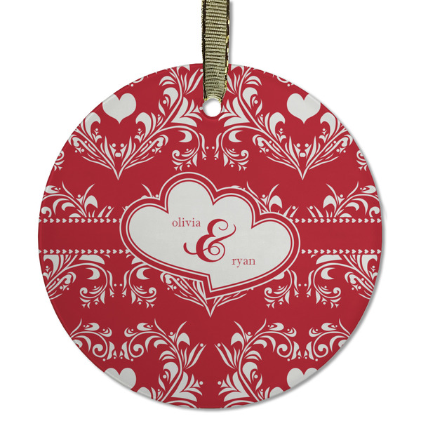 Custom Heart Damask Flat Glass Ornament - Round w/ Couple's Names