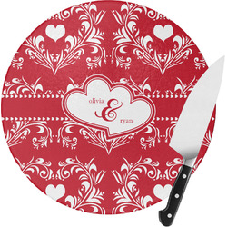 Heart Damask Round Glass Cutting Board (Personalized)