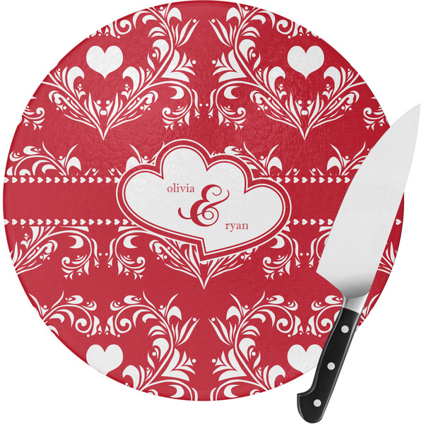Custom Heart Damask Round Glass Cutting Board (Personalized)