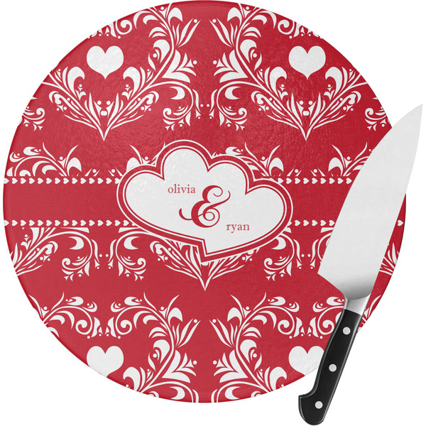 Custom Heart Damask Round Glass Cutting Board - Medium (Personalized)