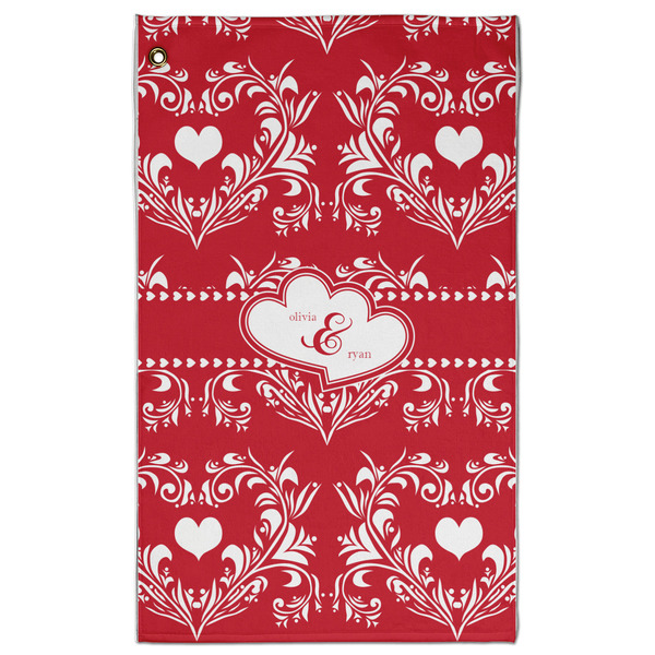 Custom Heart Damask Golf Towel - Poly-Cotton Blend w/ Couple's Names