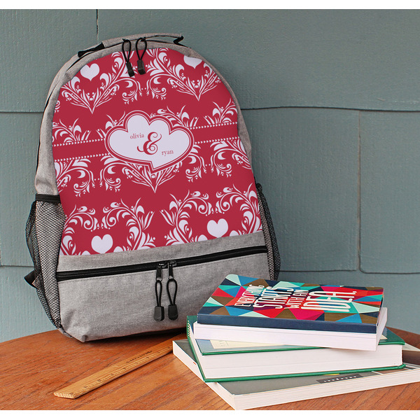 Heart Damask Large Backpack - Gray - On Desk